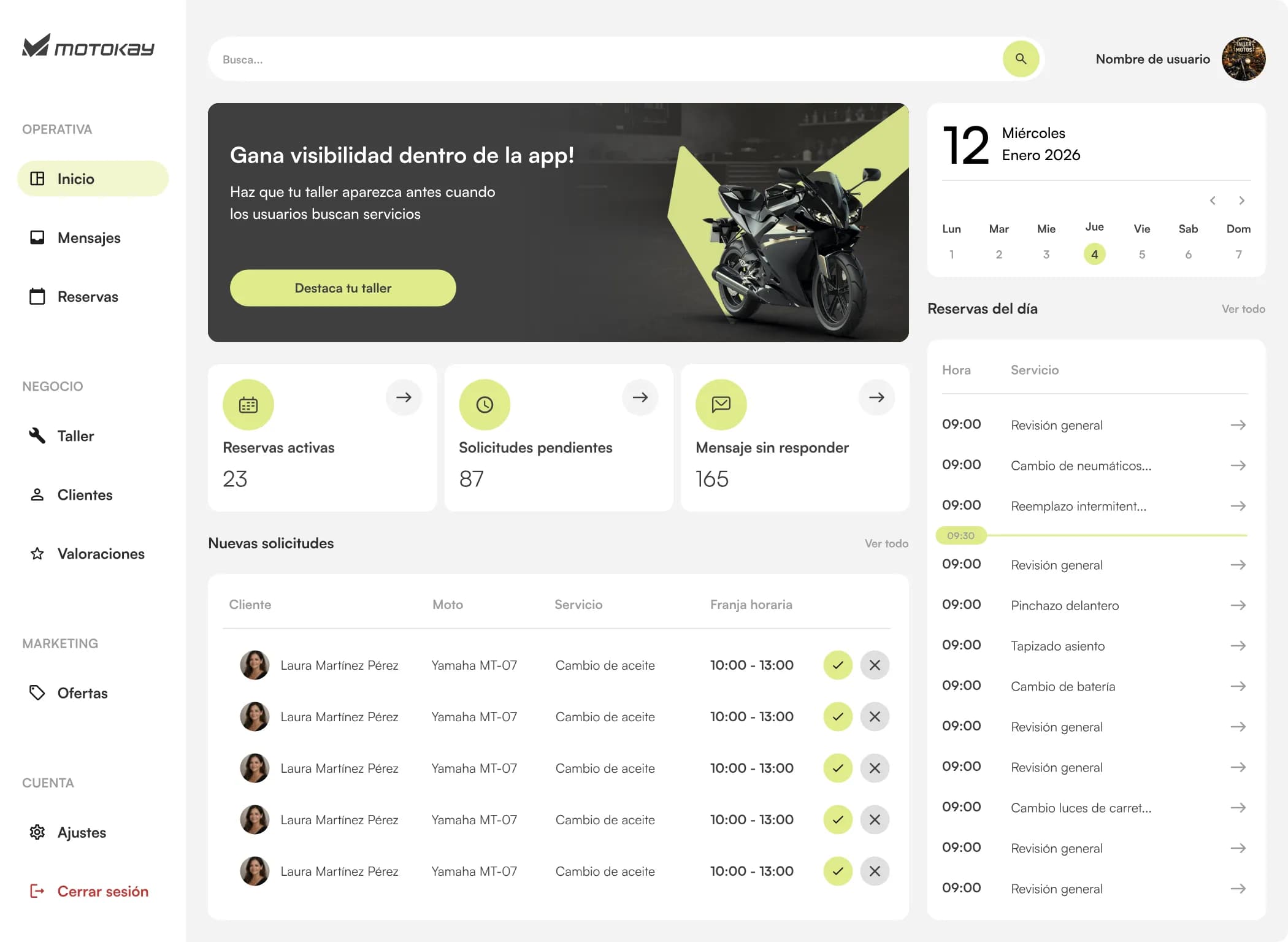 Motokay · panel web para talleres